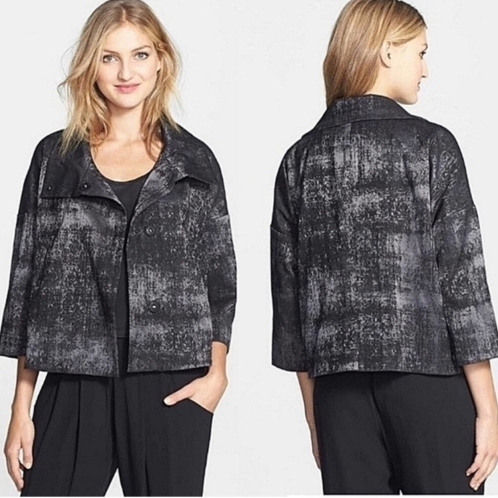 Eileen Fisher Grandeur Jacquard top jacket in black and gray S P